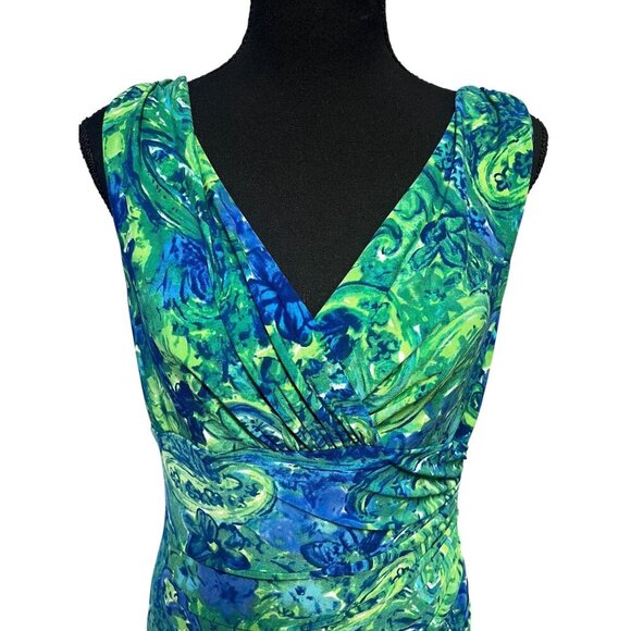 Lauren Ralph Lauren Dress Women 10 Green Blue Paisley Sleeveless Wrap Workattire - Picture 2 of 7